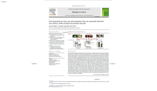 How parasitoid sex ratio, size and emergence time are associated with fruit tree cultivar, within-orchard tree position and ants